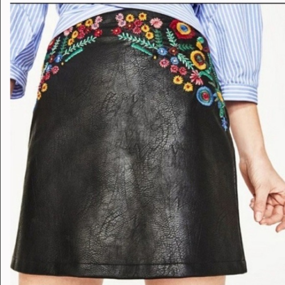 For the Republic Black Floral Embroidered Leather Skirt